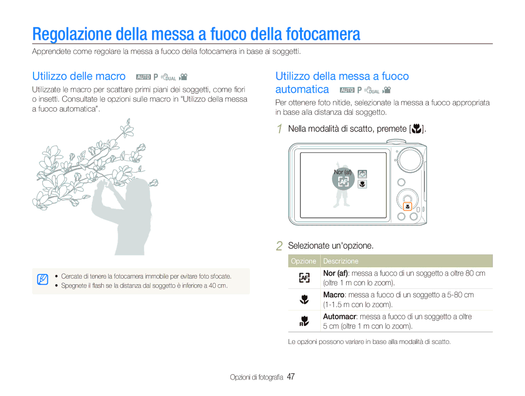 Samsung EC-PL150ZBPSIT, EC-PL150ZBPVIT manual Regolazione della messa a fuoco della fotocamera, Utilizzo delle macro a p d 