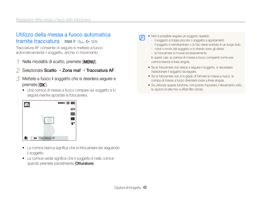 Samsung EC-PL150ZBPRIT, EC-PL150ZBPVIT, EC-PL150ZBPUIT manual Utilizzo della messa a fuoco automatica tramite tracciatura 