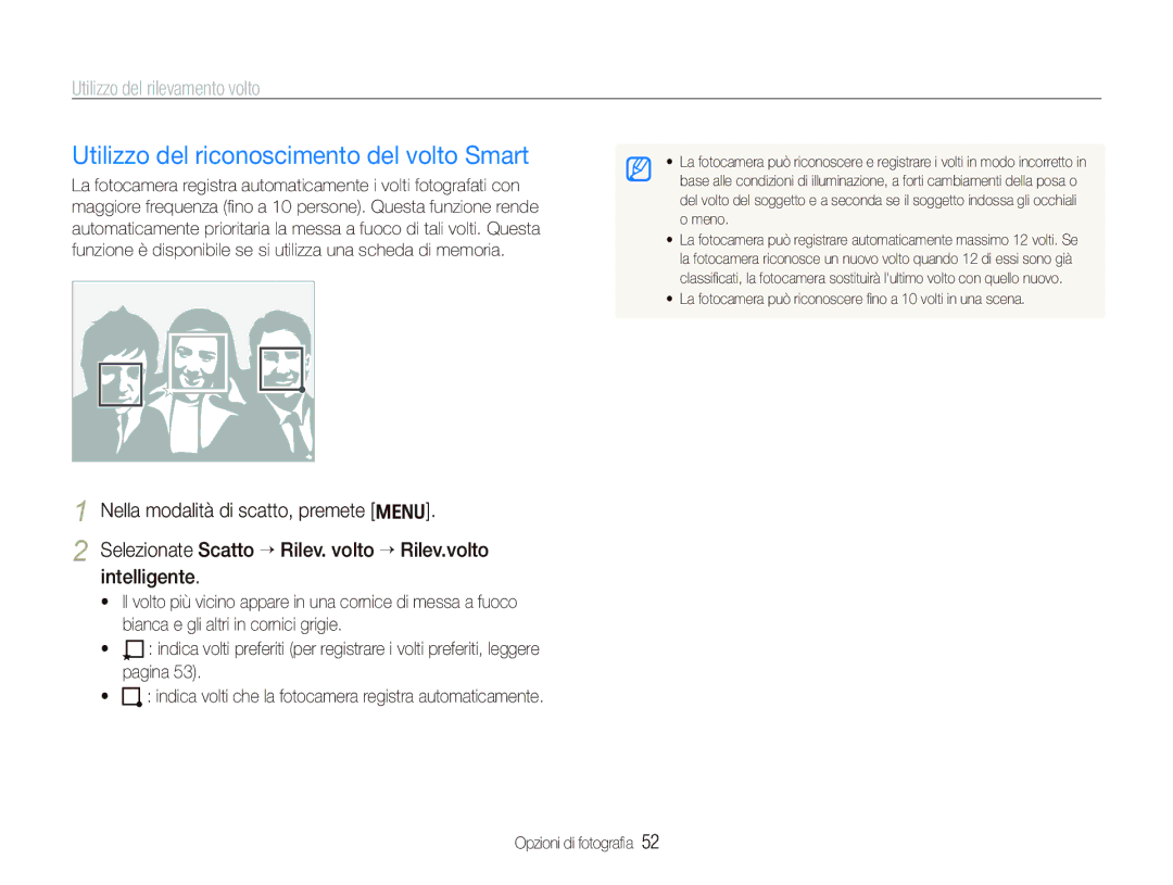 Samsung EC-PL150ZBPSIT, EC-PL150ZBPVIT, EC-PL150ZBPUIT, EC-PL150ZBPLIT manual Utilizzo del riconoscimento del volto Smart 