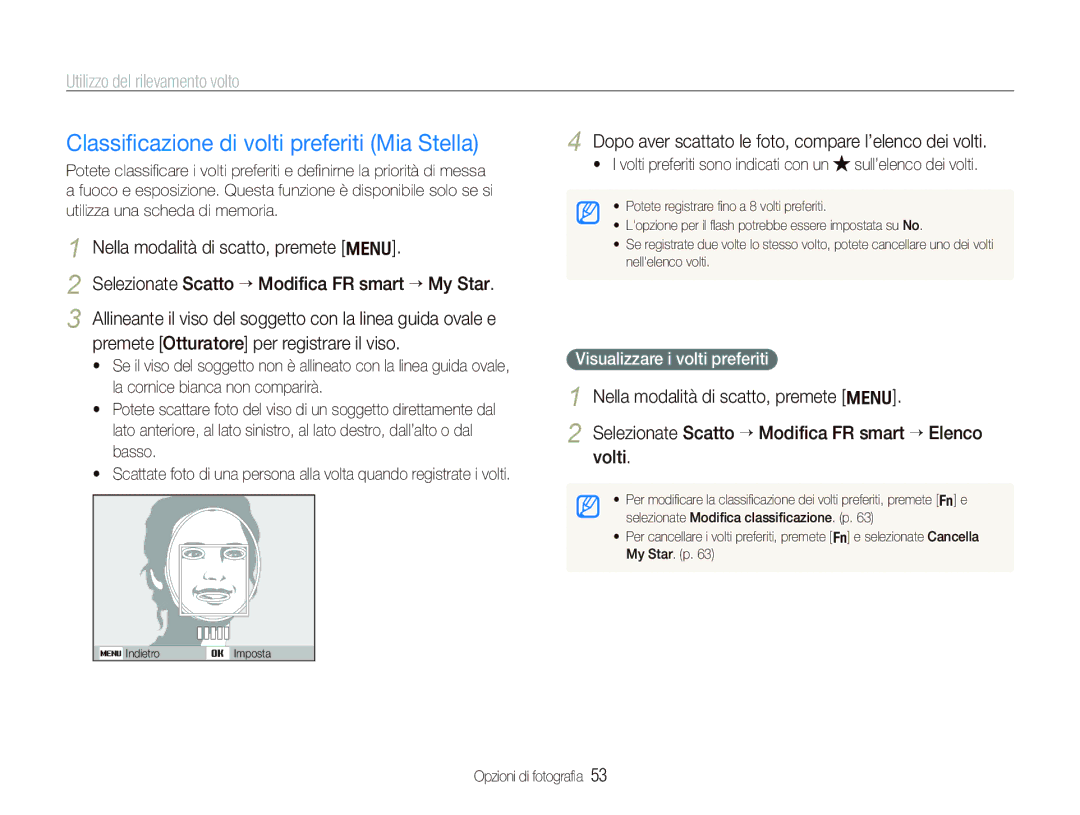 Samsung EC-PL150ZBPRIT manual Classiﬁcazione di volti preferiti Mia Stella, Selezionate Scatto “ Modiﬁca FR smart “ My Star 