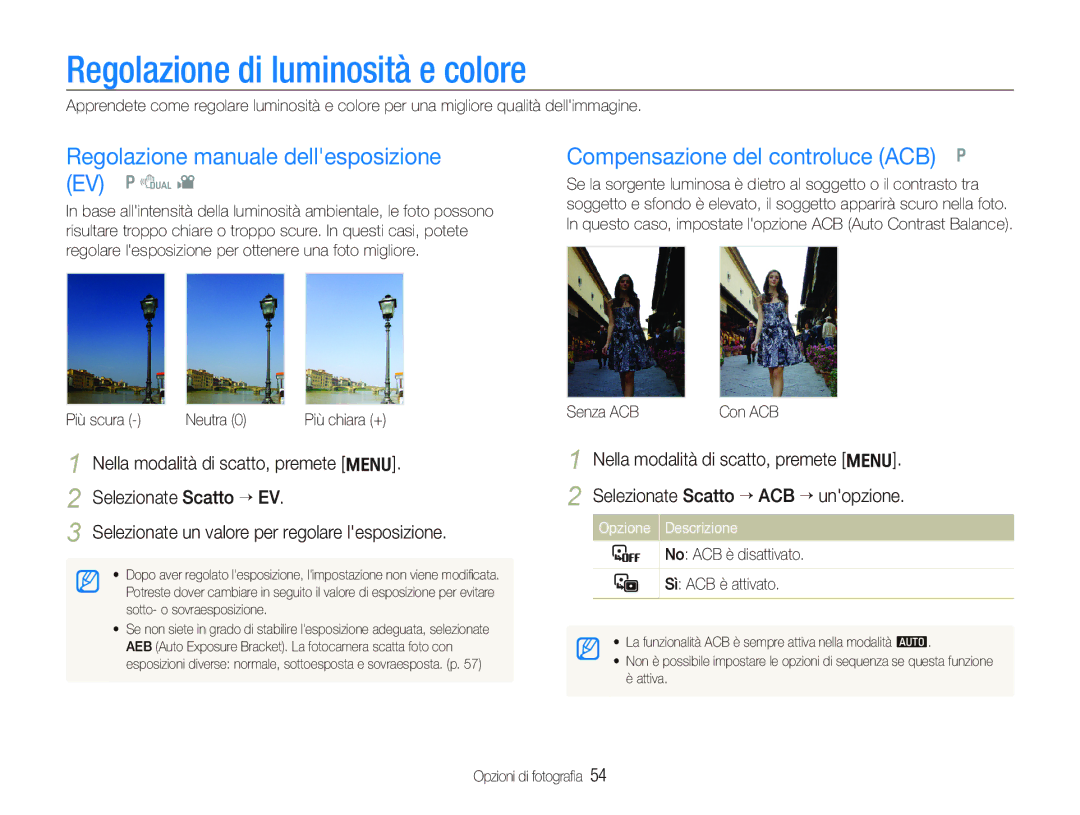 Samsung EC-PL150ZBPVIT, EC-PL150ZBPUIT Regolazione di luminosità e colore, Regolazione manuale dellesposizione EV p d 