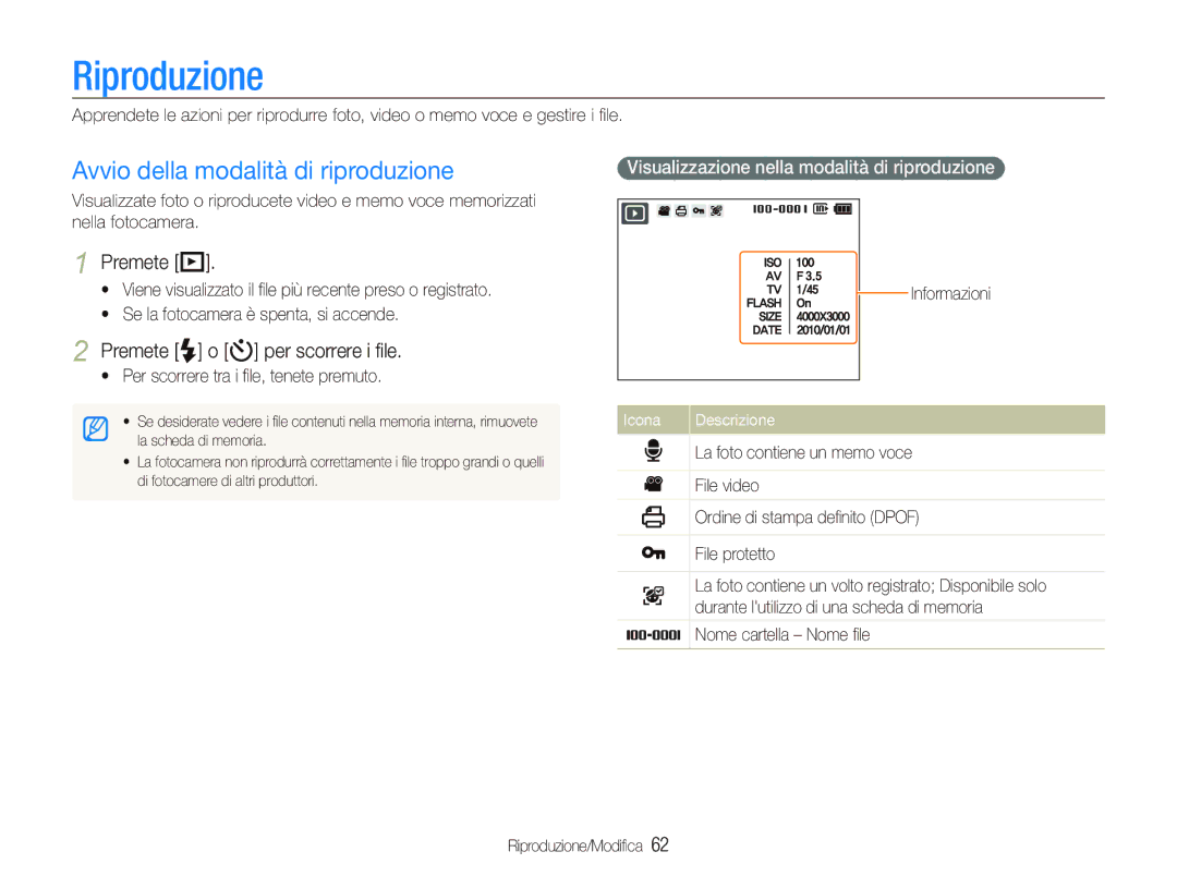 Samsung EC-PL150ZBPSIT Riproduzione, Avvio della modalità di riproduzione, Premete P, Premete F o t per scorrere i ﬁle 