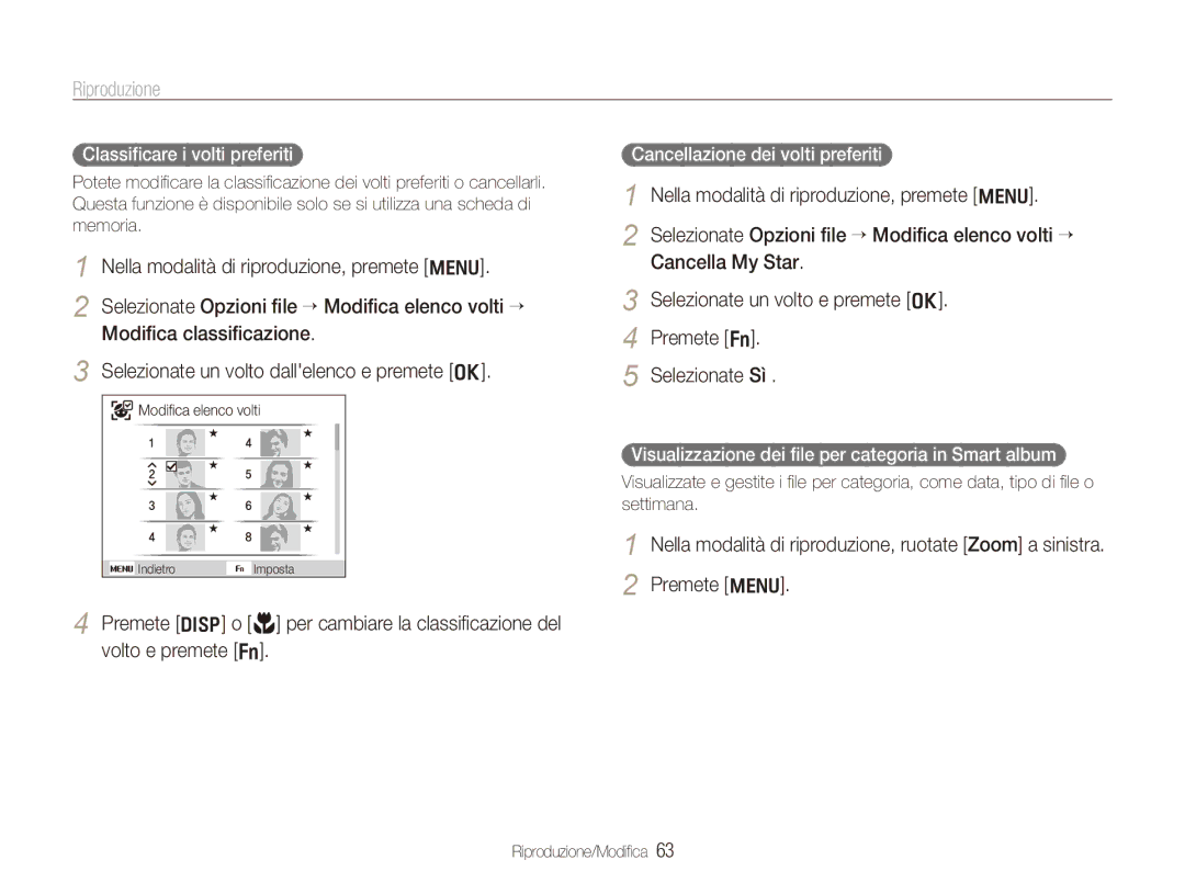 Samsung EC-PL150ZBPRIT, EC-PL150ZBPVIT Riproduzione, Classificare i volti preferiti, Cancellazione dei volti preferiti 