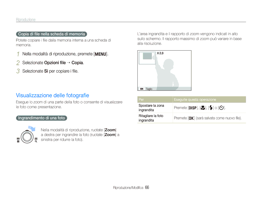 Samsung EC-PL150ZBPLIT Visualizzazione delle fotograﬁe, Copia di ﬁle nella scheda di memoria, Ingrandimento di una foto 