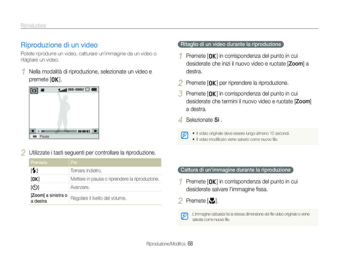 Samsung EC-PL150ZBPRIT Riproduzione di un video, Utilizzate i tasti seguenti per controllare la riproduzione, Premete Per 