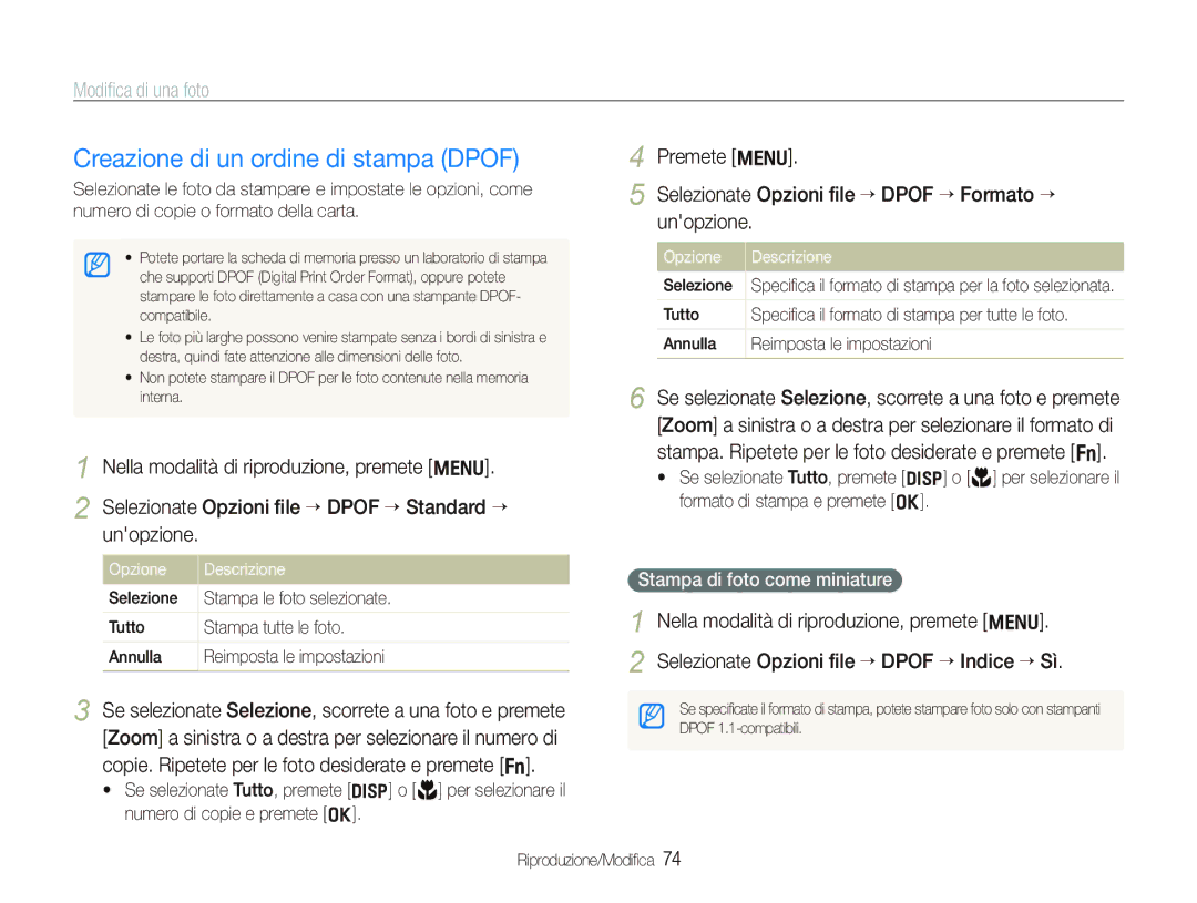 Samsung EC-PL150ZBPVIT manual Creazione di un ordine di stampa Dpof, Nella modalità di riproduzione, premete m, Unopzione 