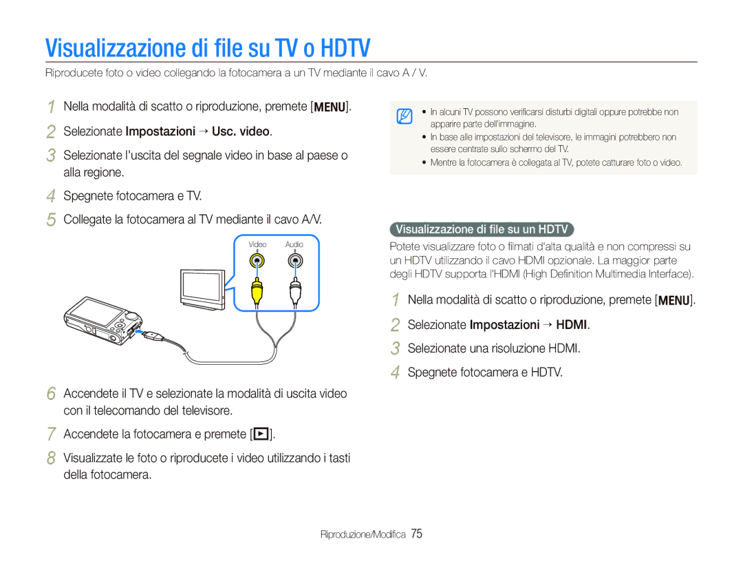 Samsung EC-PL150ZBPUIT, EC-PL150ZBPVIT manual Visualizzazione di ﬁle su TV o Hdtv, Visualizzazione di ﬁle su un Hdtv 