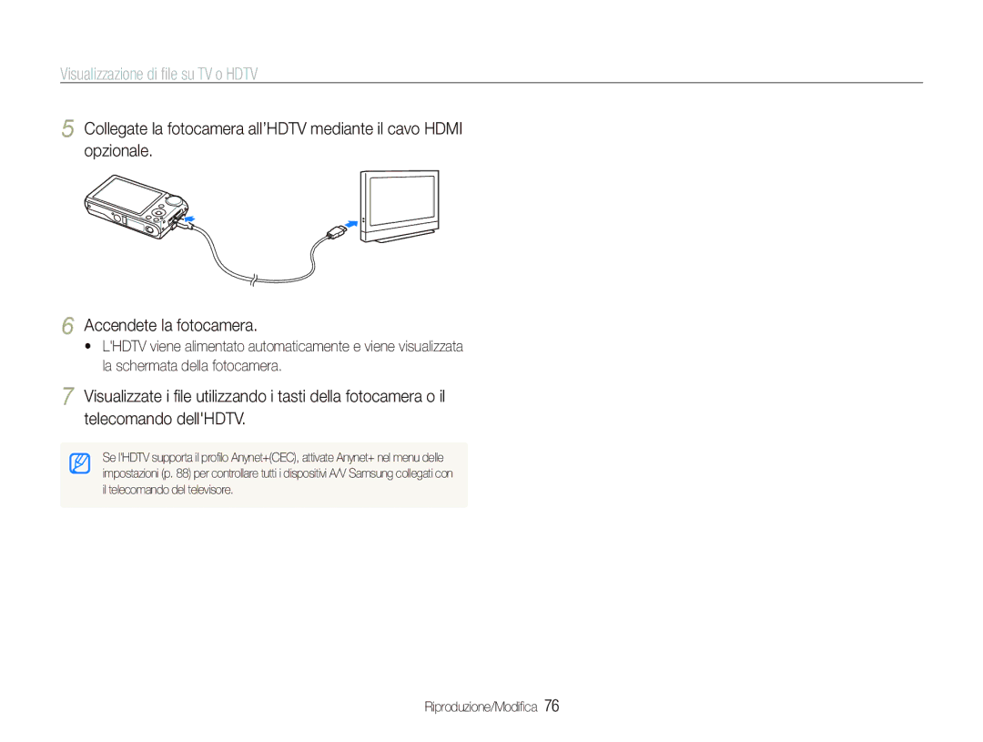 Samsung EC-PL150ZBPLIT, EC-PL150ZBPVIT, EC-PL150ZBPUIT, EC-PL150ZBPSIT, EC-PL150ZBPRIT Visualizzazione di ﬁle su TV o Hdtv 