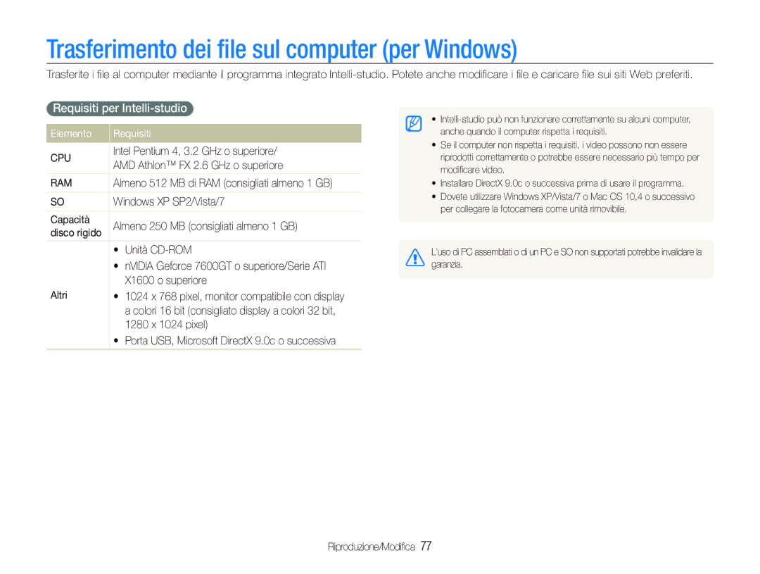 Samsung EC-PL150ZBPSIT Trasferimento dei ﬁle sul computer per Windows, Requisiti per Intelli-studio, Elemento Requisiti 