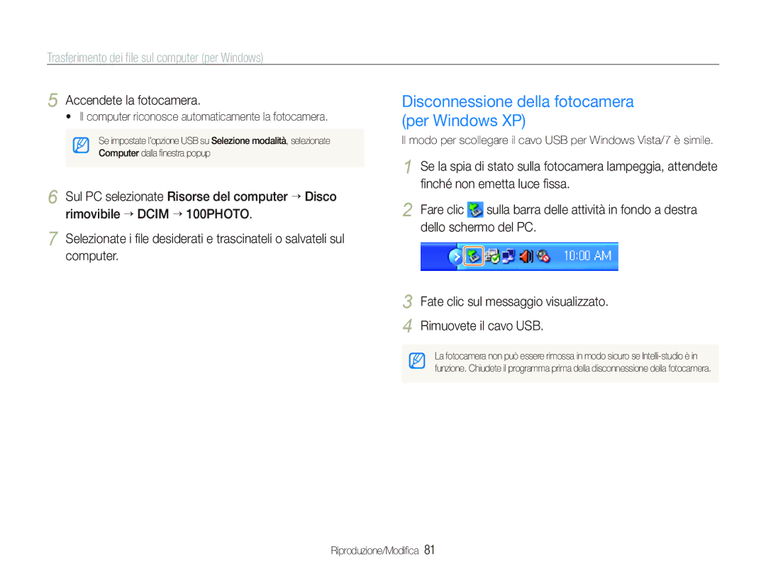 Samsung EC-PL150ZBPLIT, EC-PL150ZBPVIT, EC-PL150ZBPUIT, EC-PL150ZBPSIT manual Disconnessione della fotocamera per Windows XP 