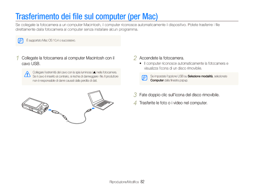 Samsung EC-PL150ZBPSIT, EC-PL150ZBPVIT, EC-PL150ZBPUIT, EC-PL150ZBPLIT manual Trasferimento dei ﬁle sul computer per Mac 