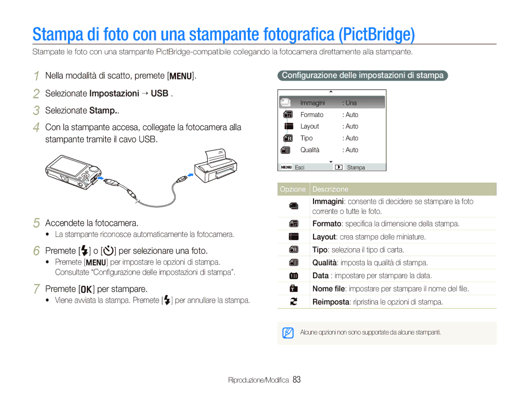 Samsung EC-PL150ZBPRIT Stampa di foto con una stampante fotograﬁca PictBridge, Premete F o t per selezionare una foto 