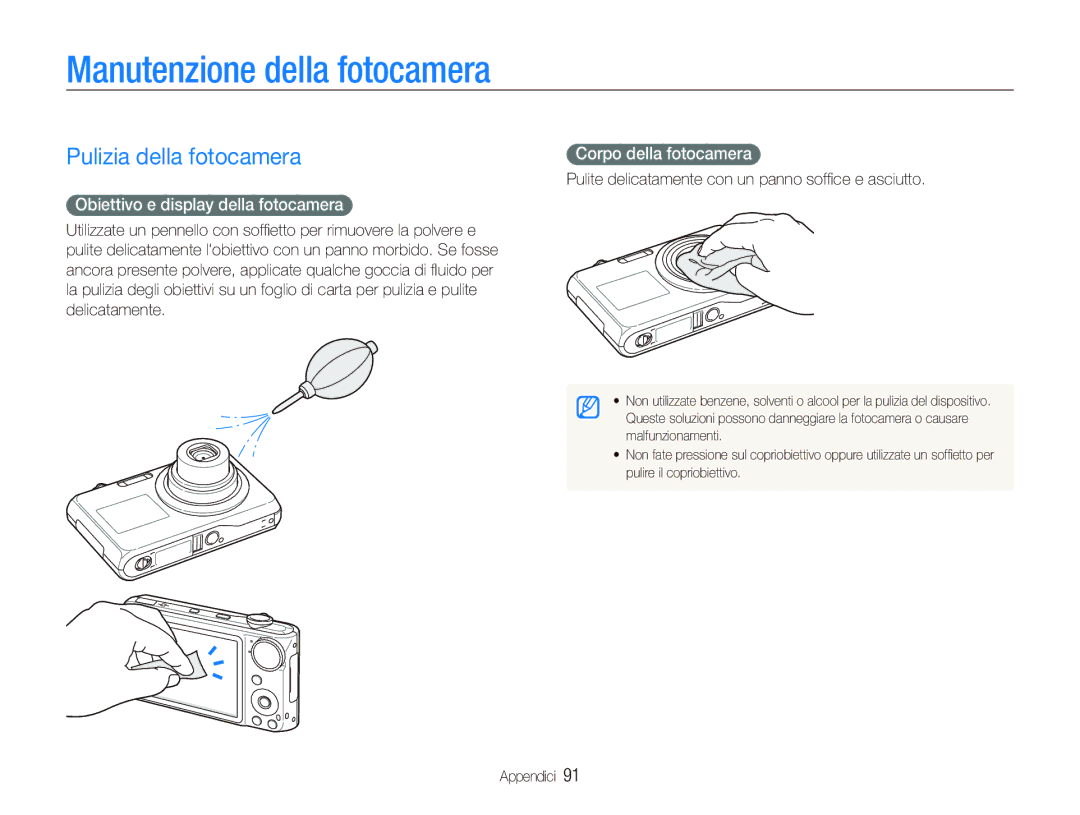 Samsung EC-PL150ZBPLIT manual Manutenzione della fotocamera, Pulizia della fotocamera, Obiettivo e display della fotocamera 