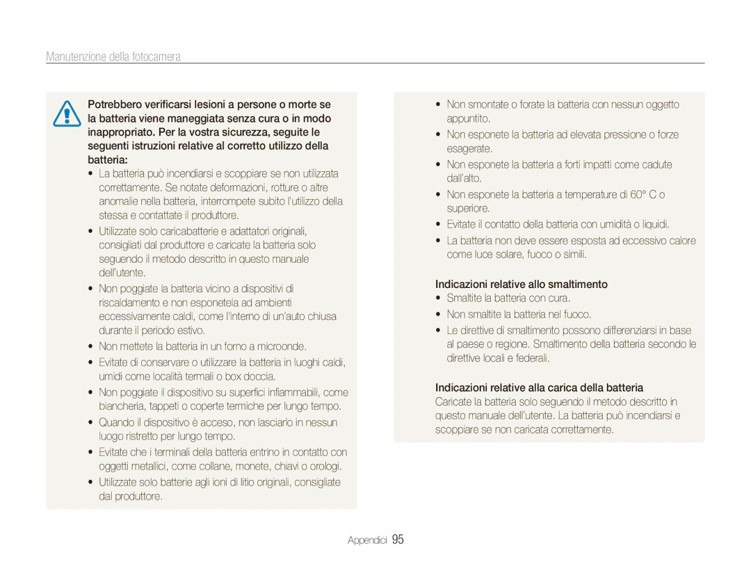 Samsung EC-PL150ZBPUIT, EC-PL150ZBPVIT, EC-PL150ZBPLIT, EC-PL150ZBPSIT, EC-PL150ZBPRIT manual Manutenzione della fotocamera 