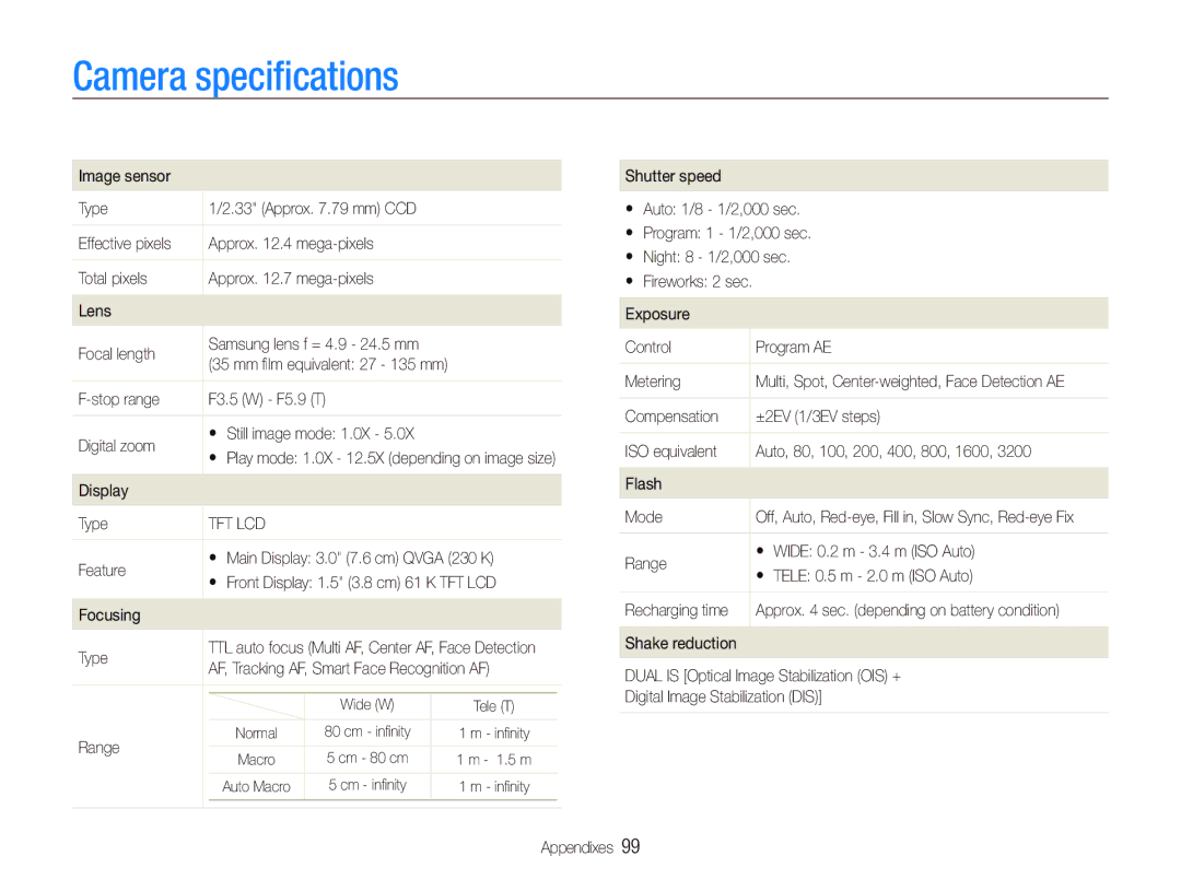 Samsung EC-PL151ZBDGVN, EC-PL151ZBDLE1, EC-PL150ZBPRGB, EC-PL151ZBDRE1, EC-PL150ZBPUE1, EC-PL150ZBPRE1 Camera speciﬁcations 