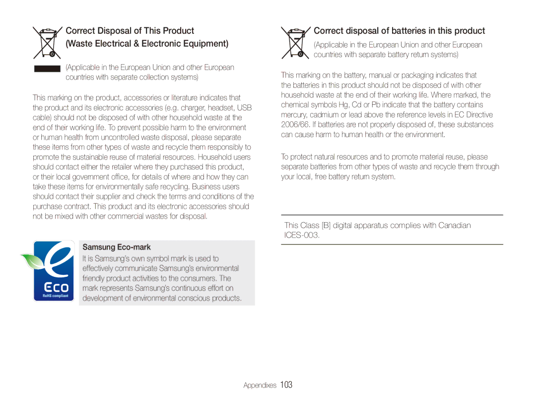Samsung EC-PL151ZBDVVN, EC-PL151ZBDLE1, EC-PL150ZBPRGB manual Correct disposal of batteries in this product, Samsung Eco-mark 