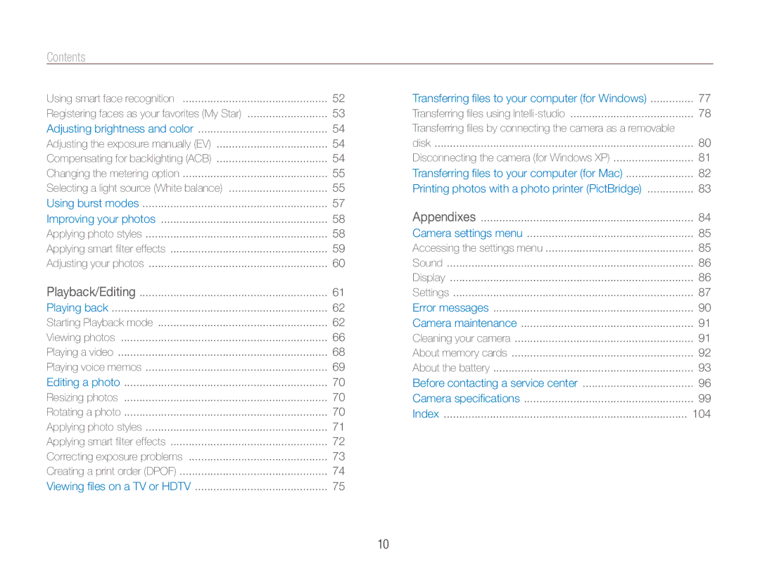 Samsung EC-PL150ZBPSIT, EC-PL151ZBDLE1, EC-PL150ZBPRGB, EC-PL151ZBDRE1, EC-PL150ZBPUE1, EC-PL150ZBPRE1 manual Contents﻿ 