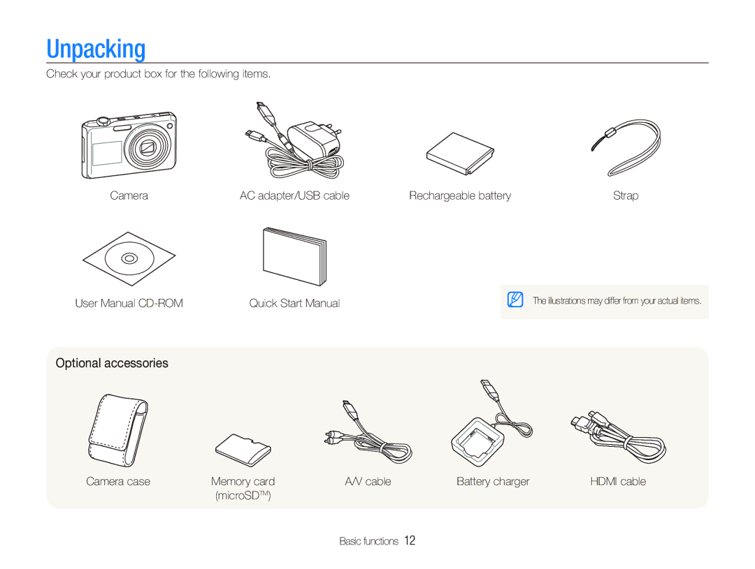 Samsung EC-PL150ZDPUIR manual Unpacking, Optional accessories, Camera case, Cable Battery charger, Basic functions 