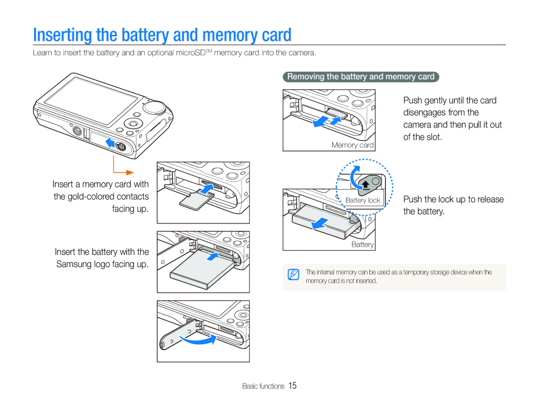 Samsung EC-PL150ZBPRIL manual Inserting the battery and memory card, Battery lock Push the lock up to release the battery 