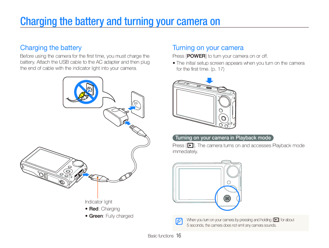 Samsung EC-PL150ZBPUDX, EC-PL151ZBDLE1 manual Charging the battery and turning your camera on, Turning on your camera 