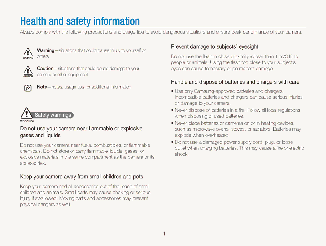 Samsung EC-PL151ZBDRE1 manual Health and safety information, Prevent damage to subjects’ eyesight, Safety warnings 