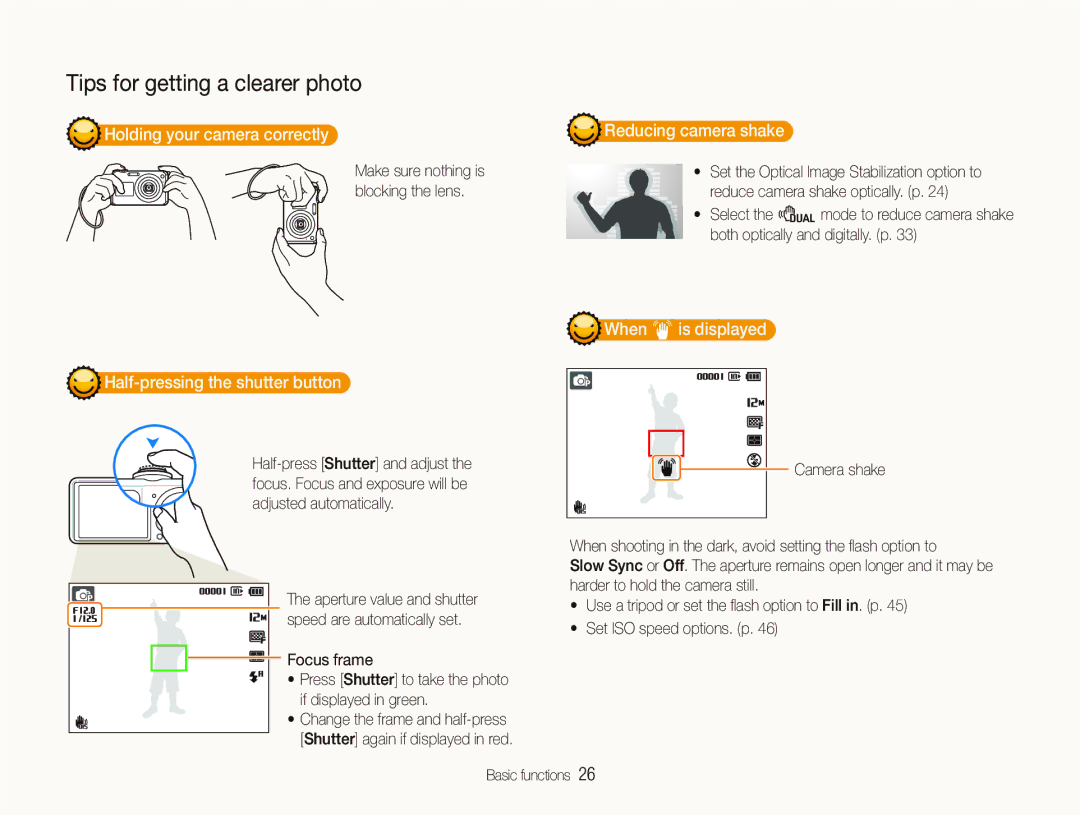 Samsung EC-PL150ZDPPME manual Holding your camera correctly, Half-pressing the shutter button, Reducing camera shake 