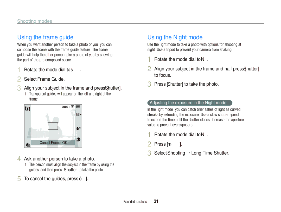 Samsung EC-PL150ZDPVIR, EC-PL151ZBDLE1 Using the frame guide, Using the Night mode, Ask another person to take a photo 