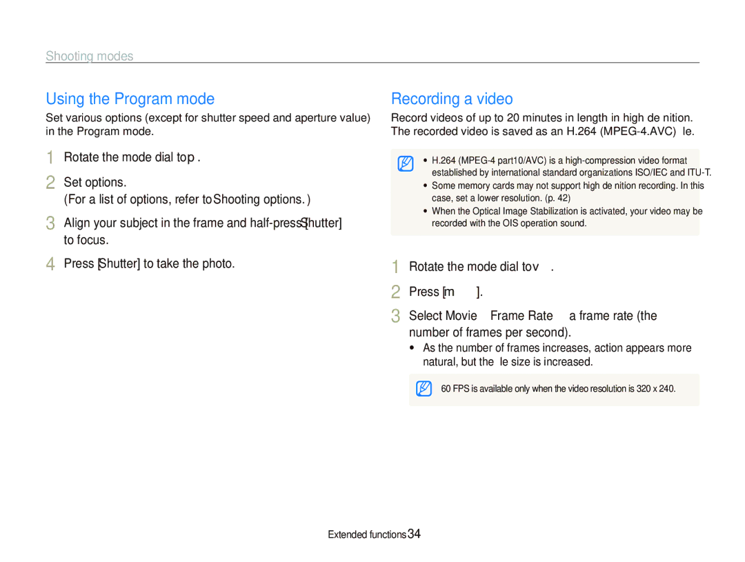 Samsung EC-PL150ZBPVDX, EC-PL151ZBDLE1, EC-PL150ZBPRGB, EC-PL151ZBDRE1 manual Using the Program mode, Recording a video 