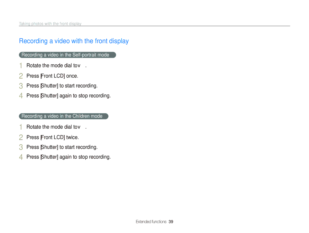 Samsung EC-PL151ZBDPVN manual Recording a video with the front display, Recording a video in the Self-portrait mode 