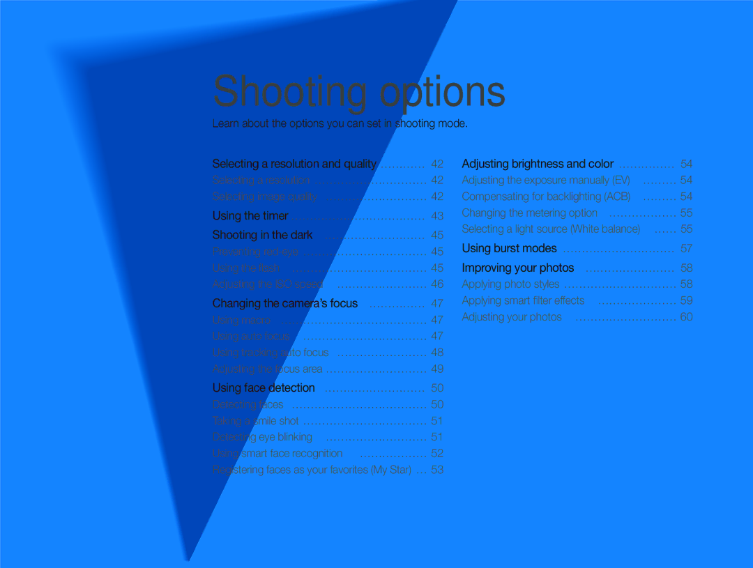 Samsung EC-PL150ZBPRVN, EC-PL151ZBDLE1, EC-PL150ZBPRGB, EC-PL151ZBDRE1, EC-PL150ZBPUE1, EC-PL150ZBPRE1 manual Shooting options 