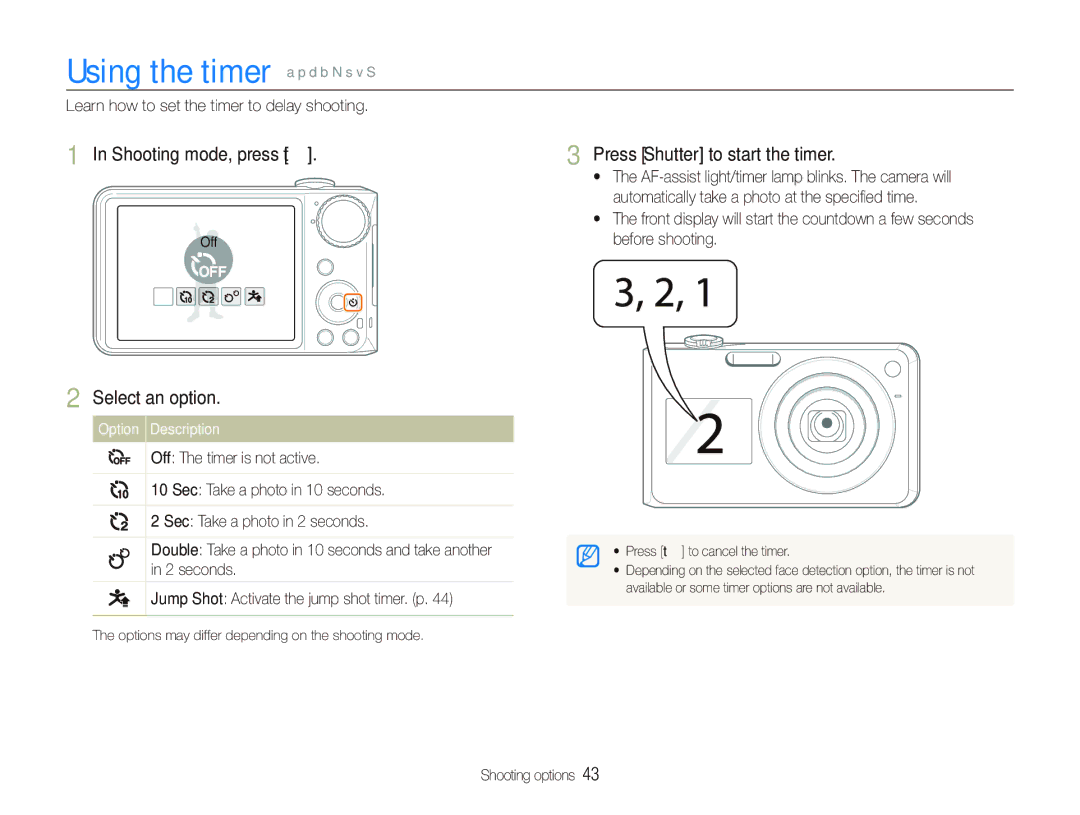 Samsung EC-PL150ZBPSE3 manual Using the timer a p d b N s v S, Shooting mode, press t, Press Shutter to start the timer 