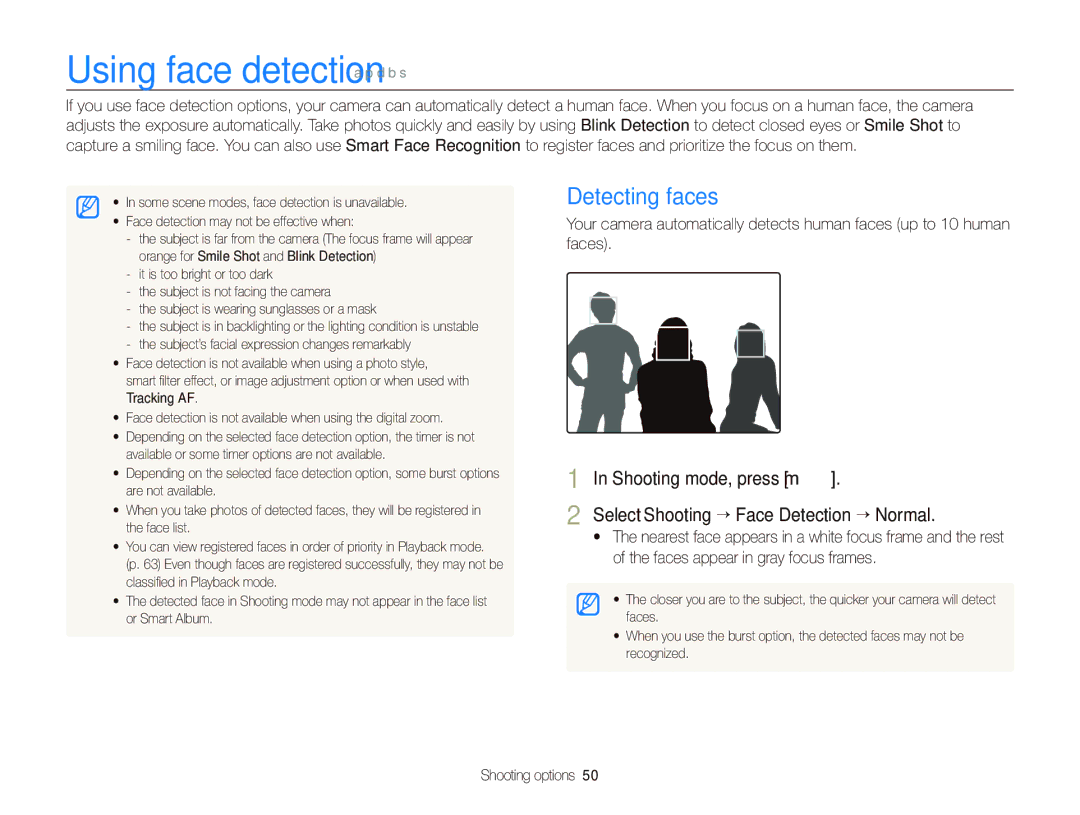 Samsung EC-PL150ZBPRRU, EC-PL151ZBDLE1, EC-PL150ZBPRGB, EC-PL151ZBDRE1 manual Using face detection a p d b s, Detecting faces 