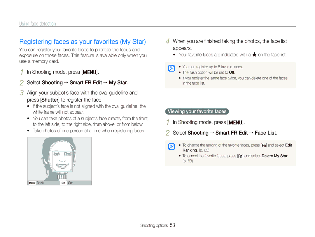 Samsung EC-PL150ZBPLRU manual Registering faces as your favorites My Star, Select Shooting “ Smart FR Edit “ My Star 