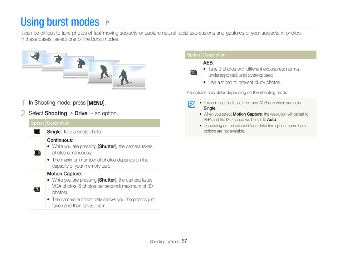 Samsung EC-PL150ZBPEE3, EC-PL151ZBDLE1, EC-PL150ZBPRGB manual Using burst modes p, Select Shooting ““Drive “ an option 