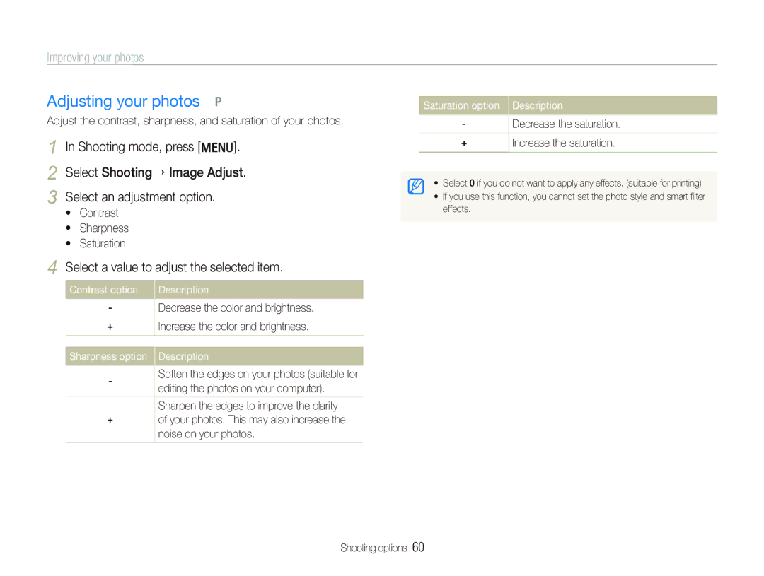 Samsung EC-PL151ZBDLE1 Adjusting your photos p, Select a value to adjust the selected item, Saturation option Description 