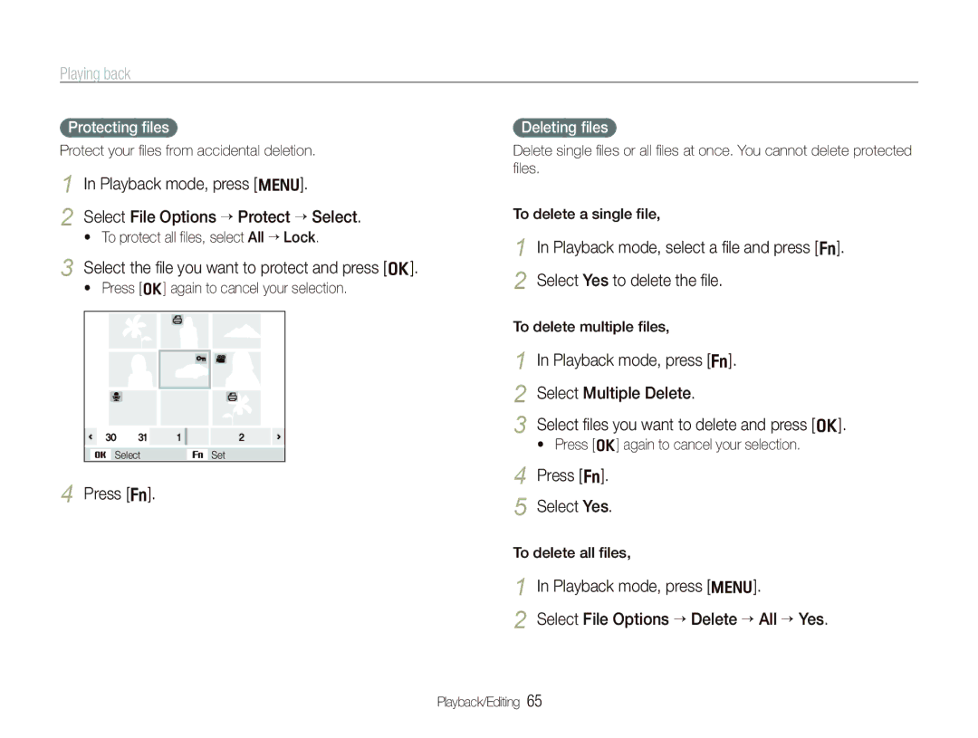 Samsung EC-PL150ZBPLE1 Select the ﬁle you want to protect and press o, Press f Select Yes, Protecting ﬁles, Deleting ﬁles 