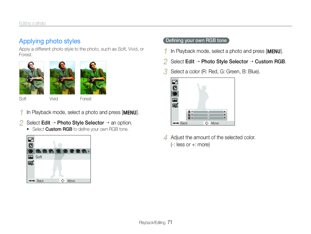 Samsung EC-PL150ZBPSIT, EC-PL151ZBDLE1, EC-PL150ZBPRGB, EC-PL151ZBDRE1, EC-PL150ZBPUE1 Applying photo styles, Editing a photo 