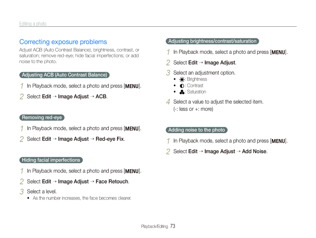 Samsung EC-PL150ZDPUIR manual Correcting exposure problems, Select a value to adjust the selected item. less or + more 