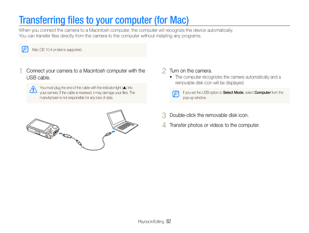 Samsung EC-PL150ZDPLIR, EC-PL151ZBDLE1, EC-PL150ZBPRGB, EC-PL151ZBDRE1 manual Transferring ﬁles to your computer for Mac 