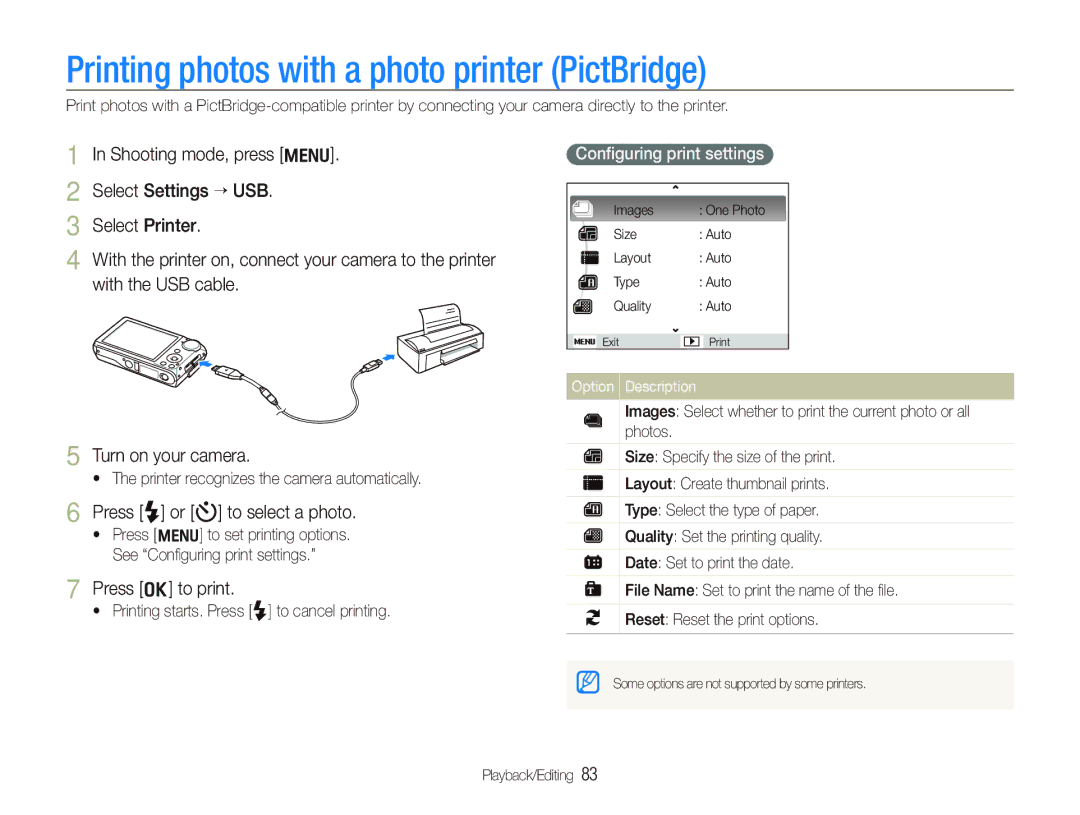 Samsung EC-PL150ZDPVME Printing photos with a photo printer PictBridge, Press F or t to select a photo, Press o to print 