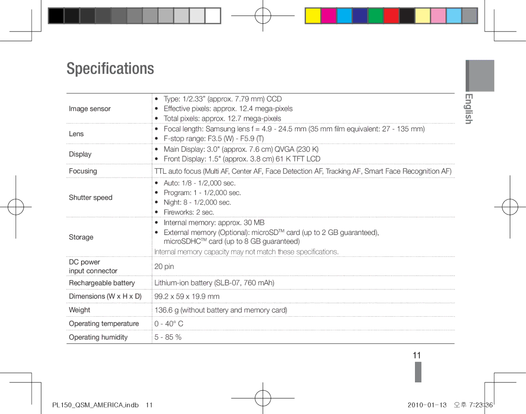 Samsung EC-PL150ZBPSIT, EC-PL151ZBDLE1 manual Specifications, Image sensor Lens Display Focusing Shutter speed Storage 