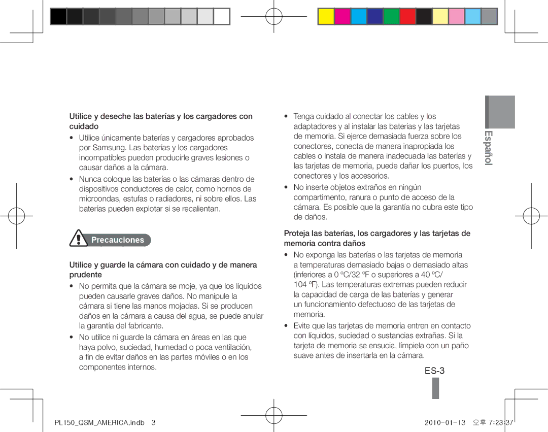 Samsung EC-PL150ZDPUIR, EC-PL151ZBDLE1, EC-PL150ZBPRGB, EC-PL151ZBDRE1, EC-PL150ZBPUE1, EC-PL150ZBPRE1 manual ES-3, Precauciones 