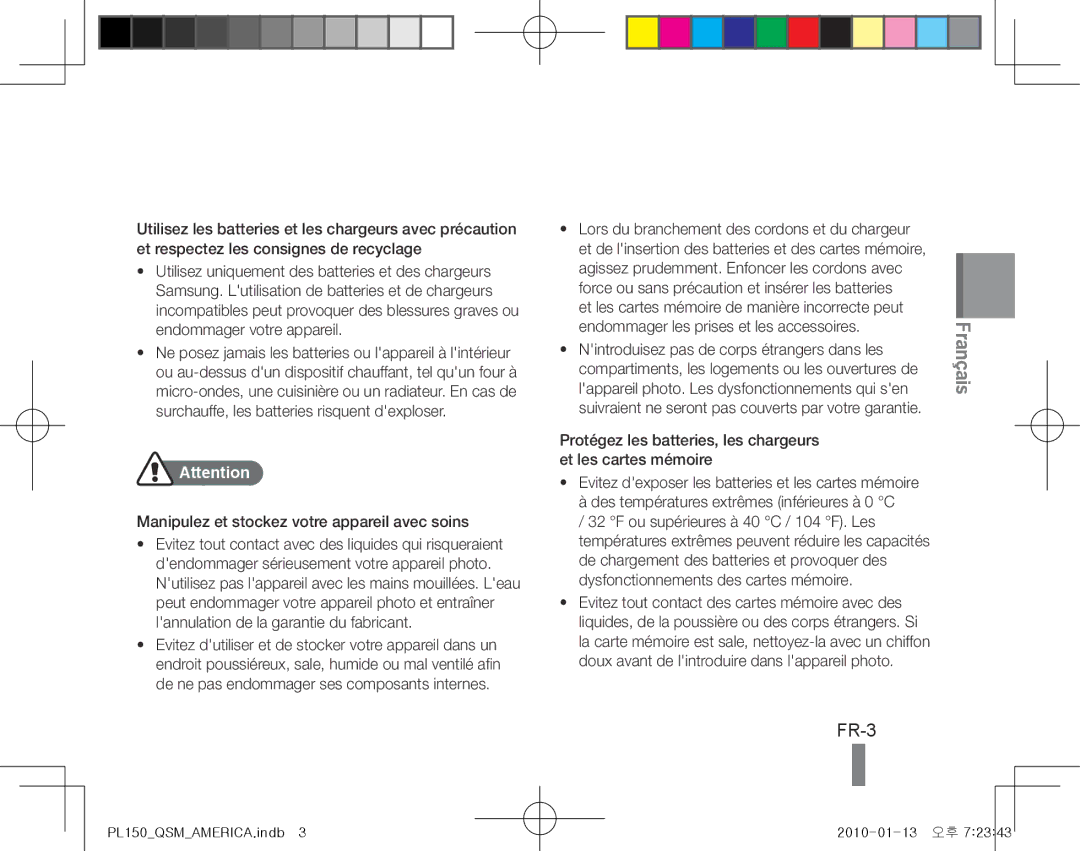 Samsung EC-PL150ZDPVME, EC-PL151ZBDLE1, EC-PL150ZBPRGB, EC-PL151ZBDRE1 FR-3, Manipulez et stockez votre appareil avec soins 