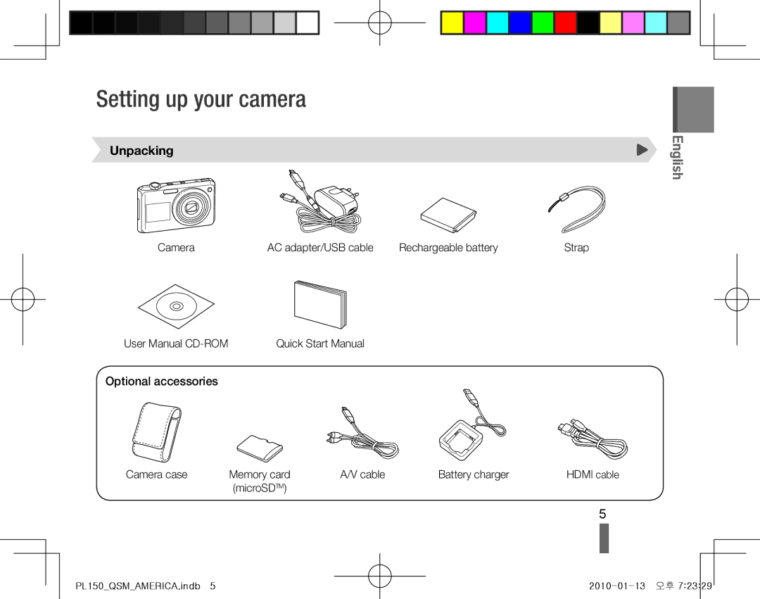 Samsung EC-PL150ZBPLE1, EC-PL151ZBDLE1, EC-PL150ZBPRGB manual Setting up your camera, Unpacking, Optional accessories 