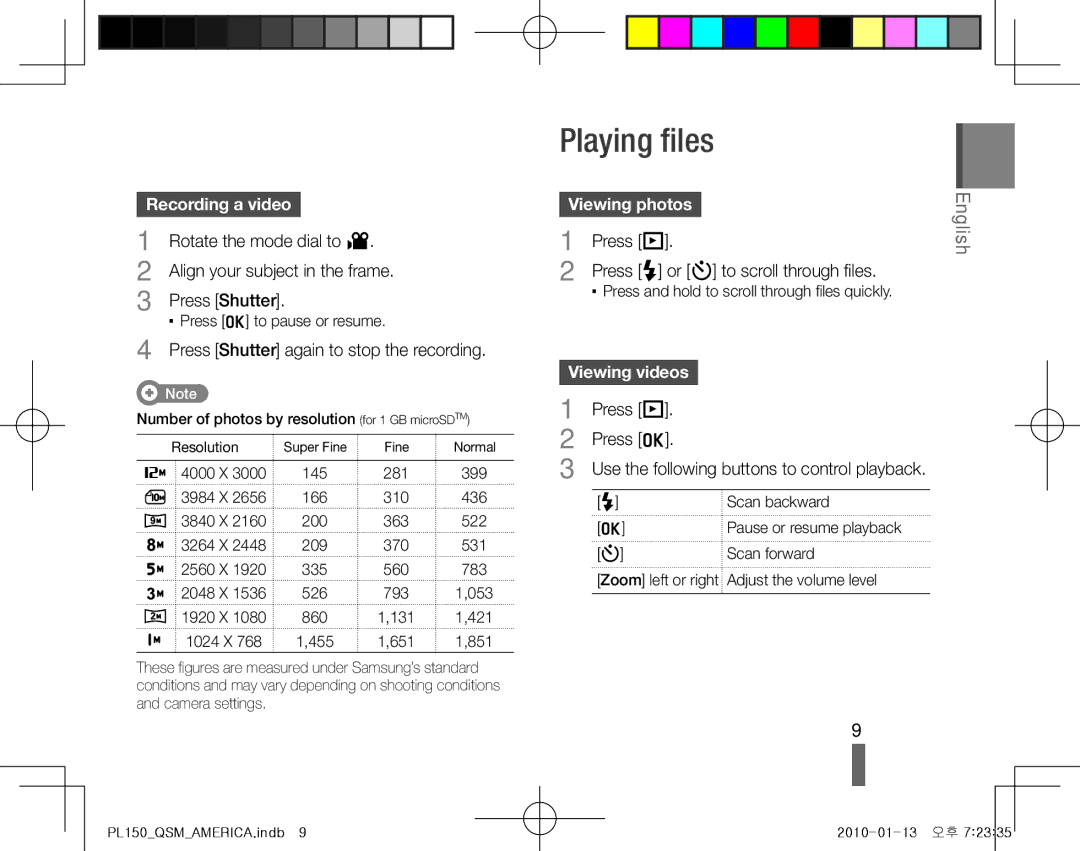 Samsung EC-PL150ZBPUIT Playing files, Recording a video, Viewing photos, Press P Press F or t to scroll through files 