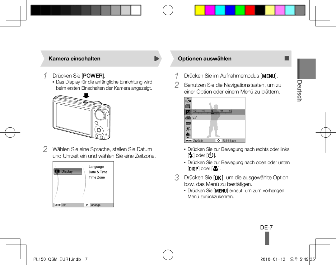 Samsung EC-PL150ZBPUDX, EC-PL151ZBDLE1, EC-PL150ZBPRGB, EC-PL151ZBDRE1 manual DE-7, Kamera einschalten, Optionen auswählen 