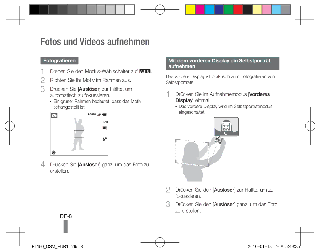 Samsung EC-PL150ZBPUIL, EC-PL151ZBDLE1 manual DE-8, Fotografieren, Mit dem vorderen Display ein Selbstporträt aufnehmen 