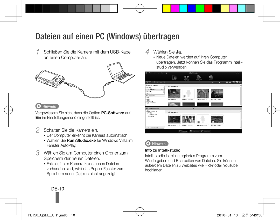 Samsung EC-PL150ZBPUSA manual Dateien auf einen PC Windows übertragen, DE-10, Schalten Sie die Kamera ein, Wählen Sie Ja 