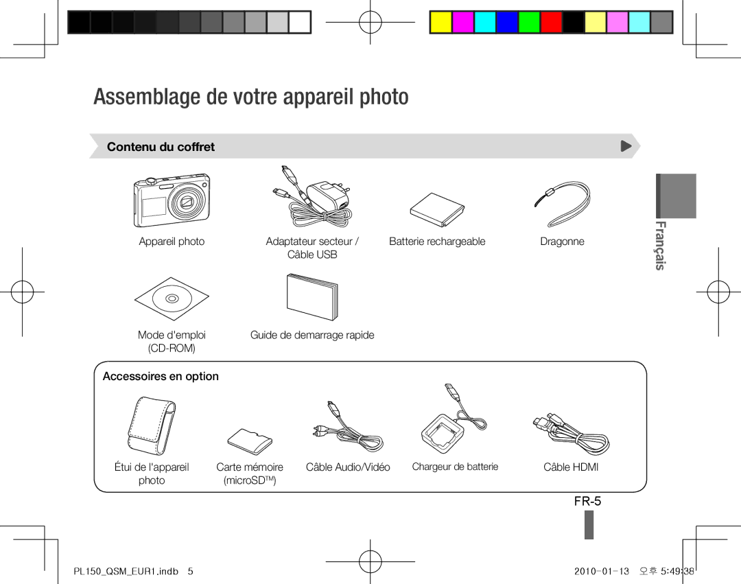 Samsung EC-PL150ZDPPIR, EC-PL151ZBDLE1 Assemblage de votre appareil photo, FR-5, Contenu du coffret, Accessoires en option 