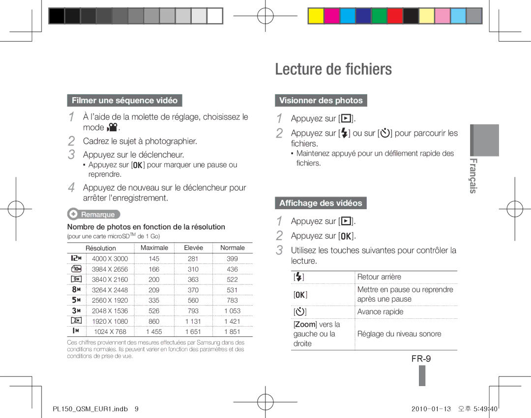 Samsung EC-PL150ZBPVSA Lecture de fichiers, FR-9, Filmer une séquence vidéo, Visionner des photos, Affichage des vidéos 